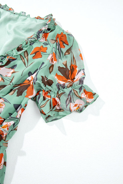 Floral Print Frilled V Neck Short Sleeve Maxi Dress