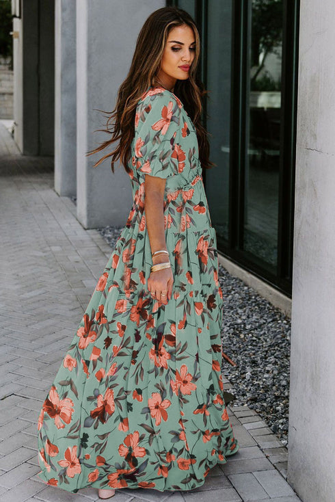 Floral Print Frilled V Neck Short Sleeve Maxi Dress