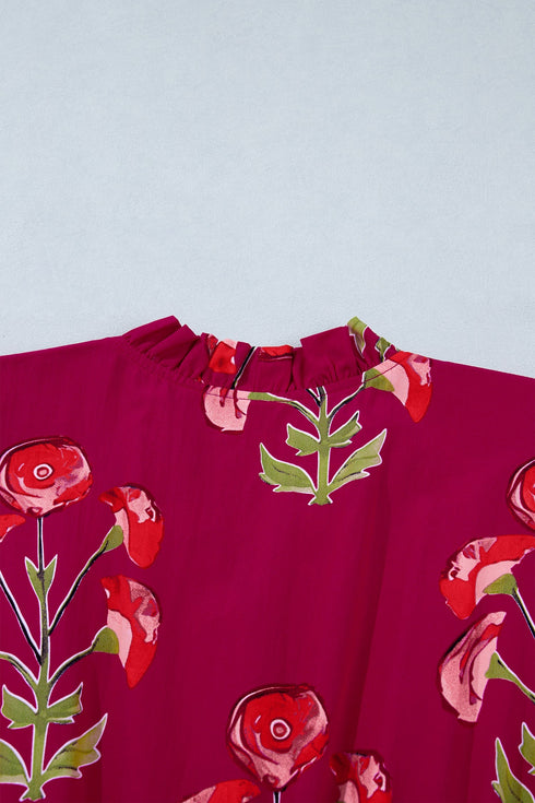 Floral Print Frilled V Neck Short Sleeve Ruffle Maxi Dress