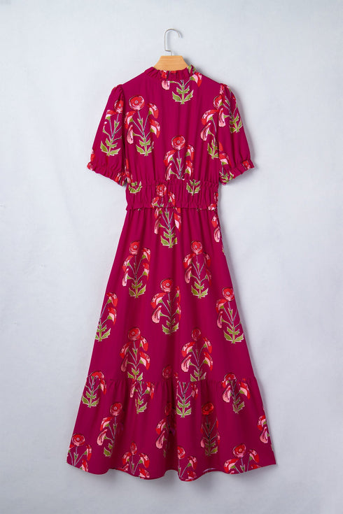 Floral Print Frilled V Neck Short Sleeve Ruffle Maxi Dress