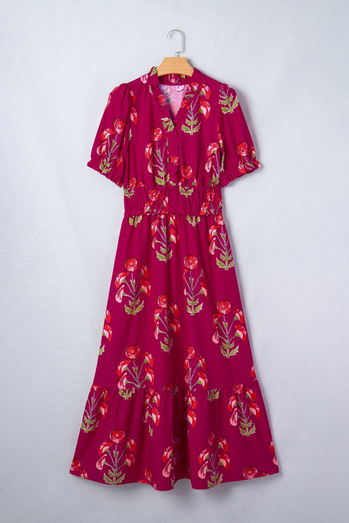 Floral Print Frilled V Neck Short Sleeve Ruffle Maxi Dress