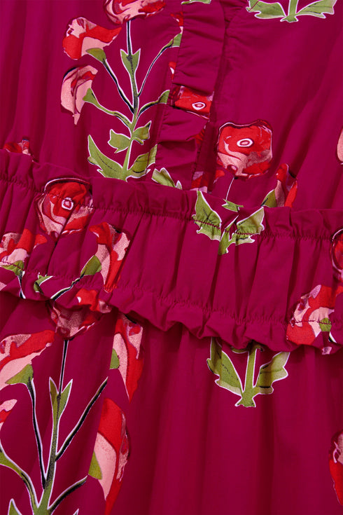 Floral Print Frilled V Neck Short Sleeve Ruffle Maxi Dress