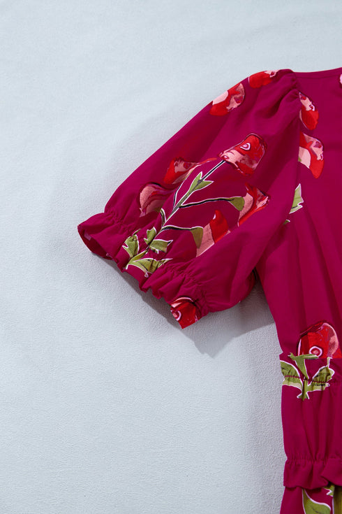 Floral Print Frilled V Neck Short Sleeve Ruffle Maxi Dress