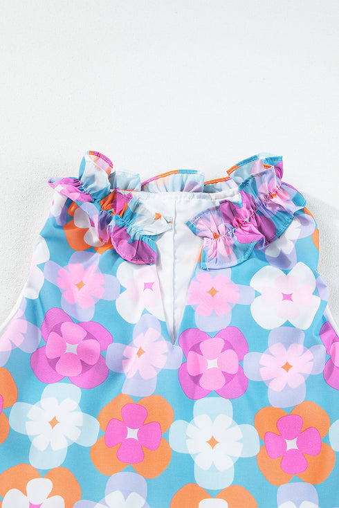 Floral Print Frilly Neck Sleeveless Tiered Maxi Dress