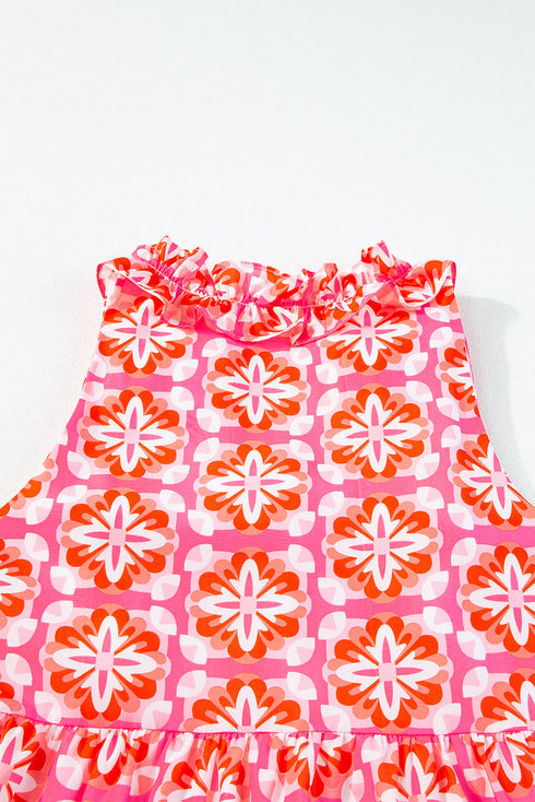 Floral Print Frilly Neck Sleeveless Tiered Maxi Dress