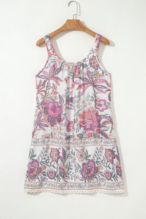 Floral Print Fringed Tie U Neck Sleeveless Mini Dress