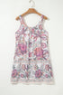 Floral Print Fringed Tie U Neck Sleeveless Mini Dress