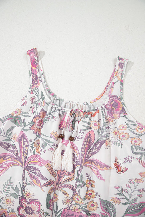 Floral Print Fringed Tie U Neck Sleeveless Mini Dress