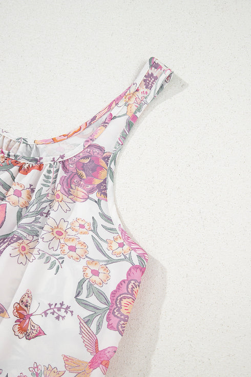 Floral Print Fringed Tie U Neck Sleeveless Mini Dress