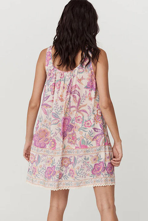 Floral Print Fringed Tie U Neck Sleeveless Mini Dress