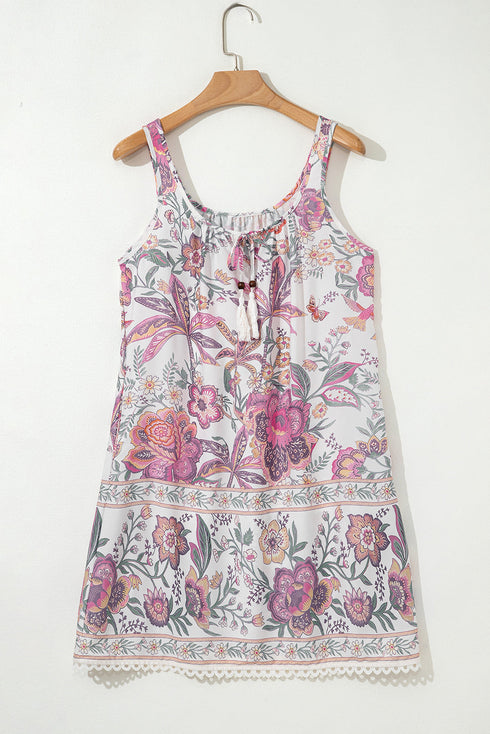 Floral Print Fringed Tie U Neck Sleeveless Mini Dress