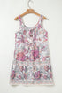 Floral Print Fringed Tie U Neck Sleeveless Mini Dress