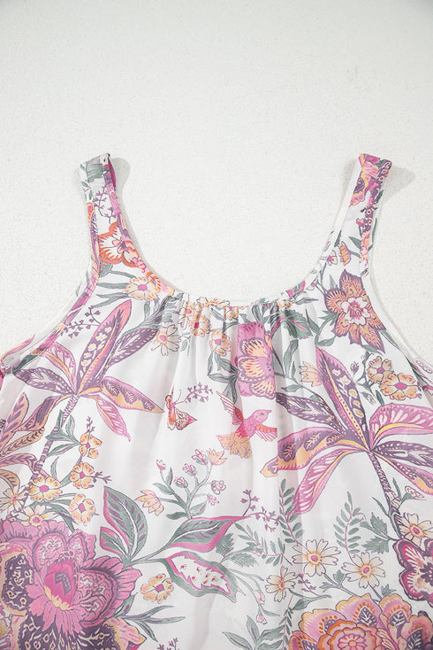 Floral Print Fringed Tie U Neck Sleeveless Mini Dress
