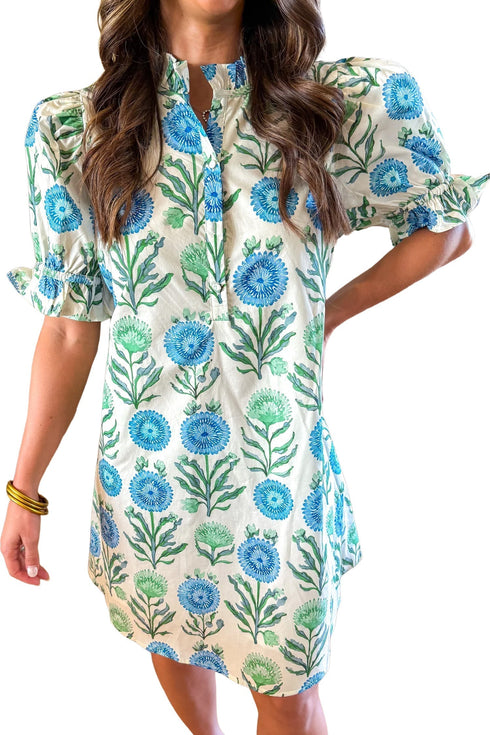 Floral Print Half Button Frilly Short Sleeve Dress