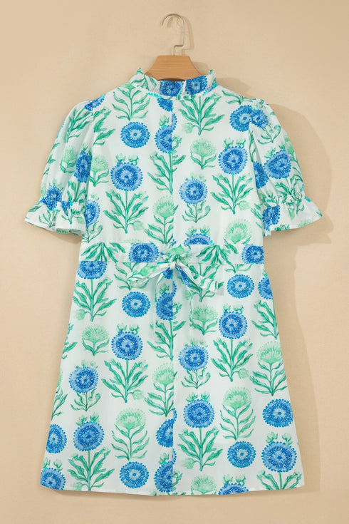 Floral Print Half Button Frilly Short Sleeve Dress