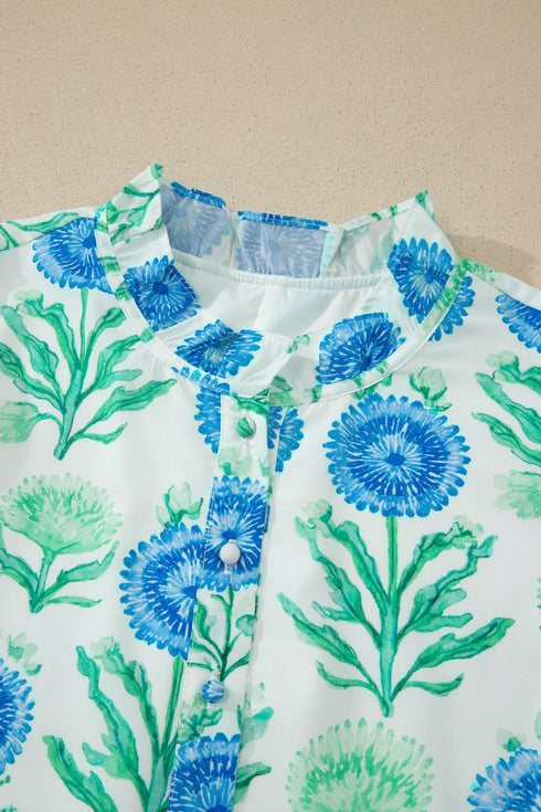 Floral Print Half Button Frilly Short Sleeve Dress