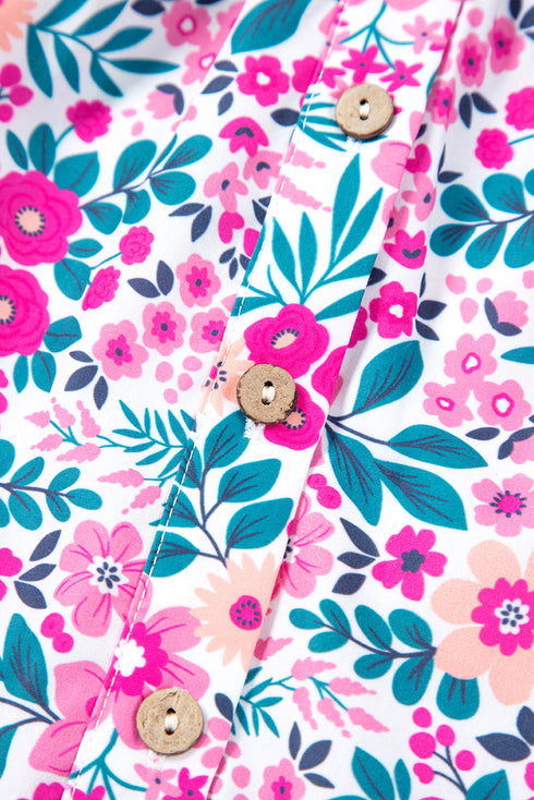 Floral Print Half Button Puff Sleeve A Line Mini Dress