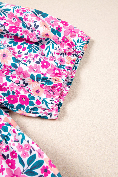 Floral Print Half Button Puff Sleeve A Line Mini Dress