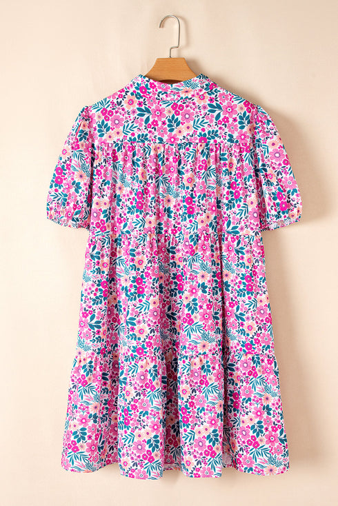 Floral Print Half Button Puff Sleeve A Line Mini Dress
