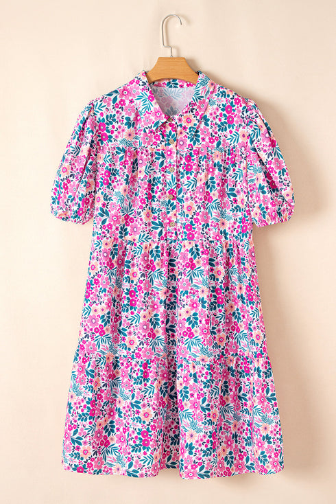 Floral Print Half Button Puff Sleeve A Line Mini Dress