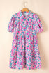 Floral Print Half Button Puff Sleeve A Line Mini Dress