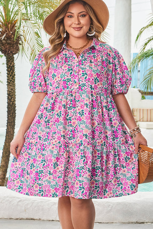 Floral Print Half Button Puff Sleeve A Line Mini Dress