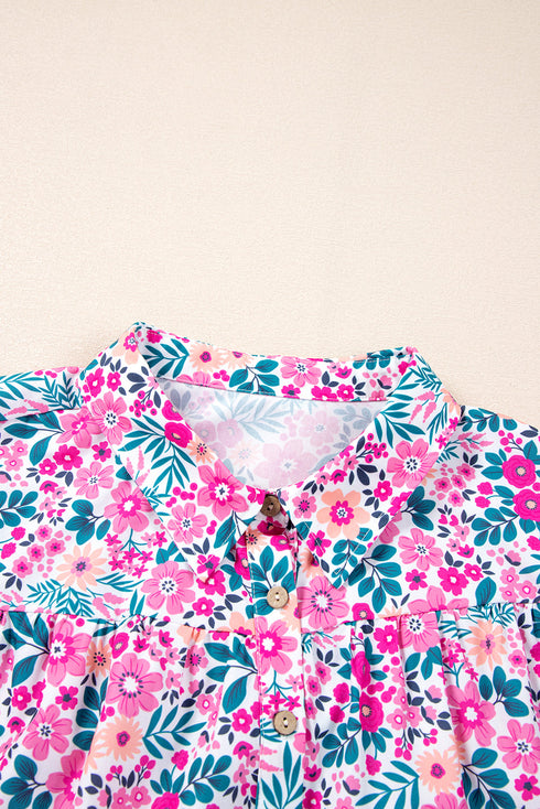 Floral Print Half Button Puff Sleeve A Line Mini Dress