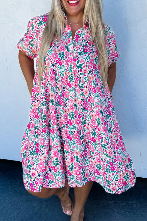 Floral Print Half Button Puff Sleeve A Line Mini Dress