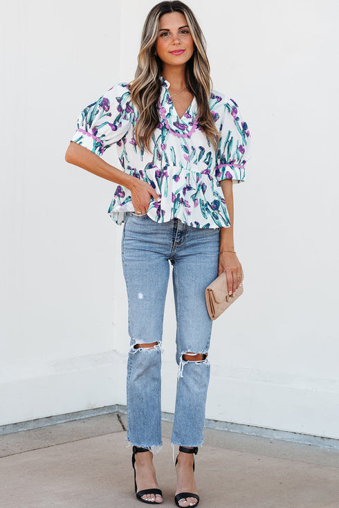 Floral Print Half Sleeve Ricrac Trim Peplum Top