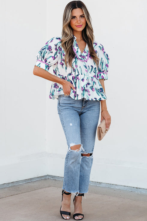 Floral Print Half Sleeve Ricrac Trim Peplum Top