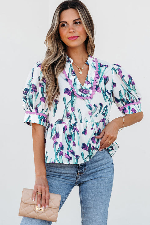 Floral Print Half Sleeve Ricrac Trim Peplum Top