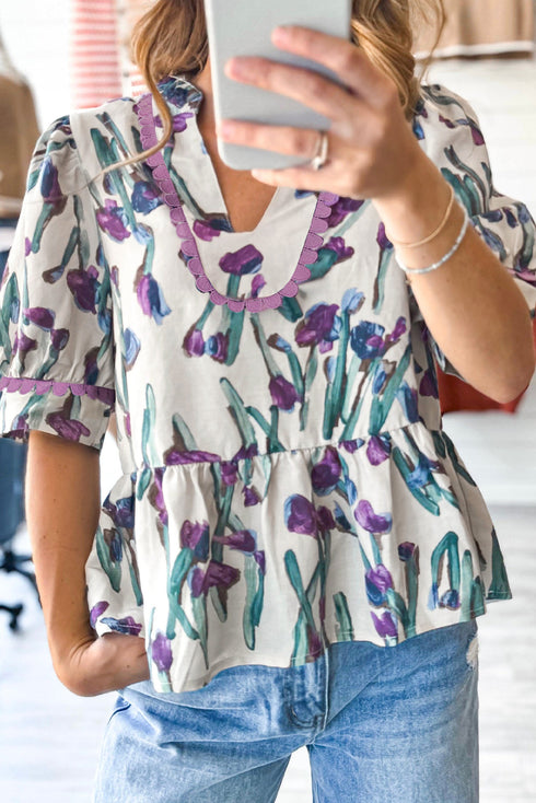Floral Print Half Sleeve Ricrac Trim Peplum Top