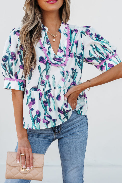 Floral Print Half Sleeve Ricrac Trim Peplum Top