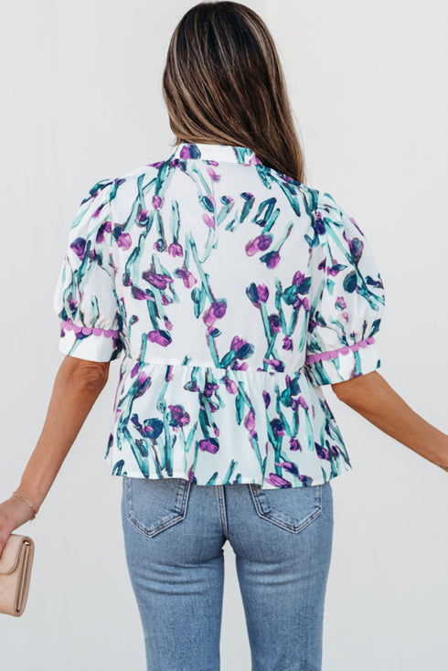 Floral Print Half Sleeve Ricrac Trim Peplum Top