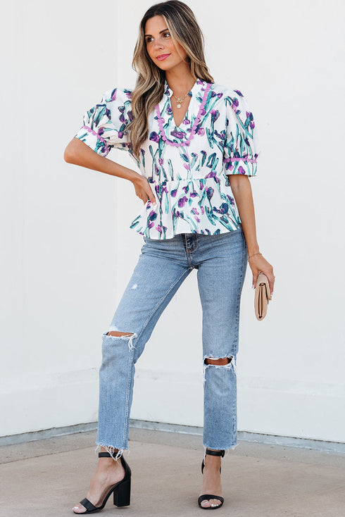 Floral Print Half Sleeve Ricrac Trim Peplum Top