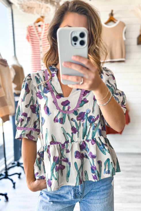 Floral Print Half Sleeve Ricrac Trim Peplum Top