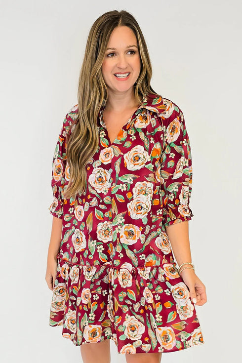 Floral Print Half Sleeve Short Shift Dress