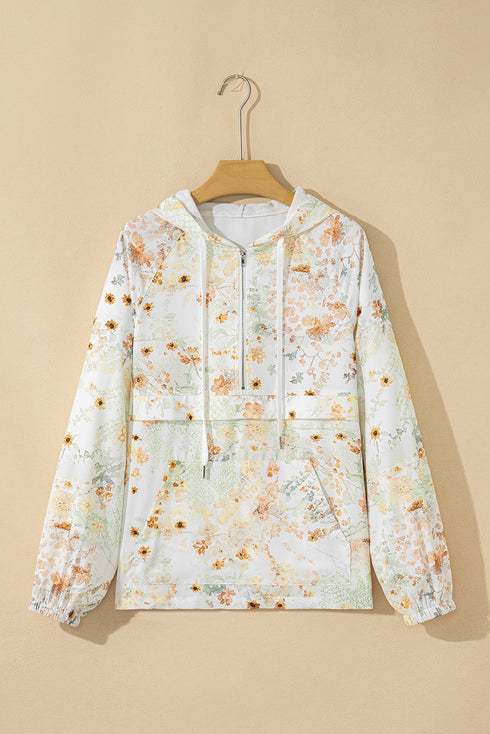 Floral Print Half Zip Hooded Long Sleeve Pullover Top