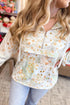 Floral Print Half Zip Hooded Long Sleeve Pullover Top