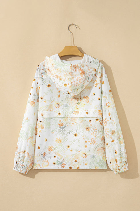 Floral Print Half Zip Hooded Long Sleeve Pullover Top