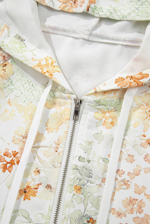 Floral Print Half Zip Hooded Long Sleeve Pullover Top