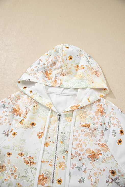 Floral Print Half Zip Hooded Long Sleeve Pullover Top