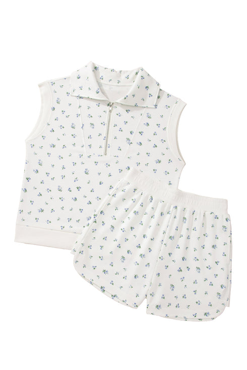 Floral Print Half Zip Top Matching Short Set