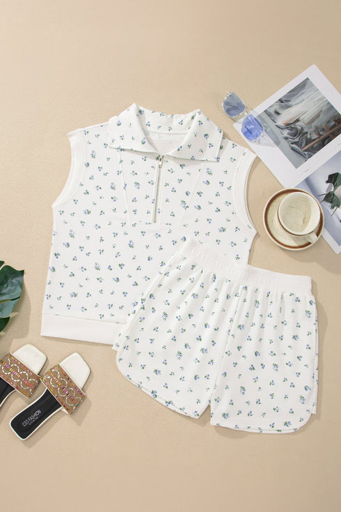 Floral Print Half Zip Top Matching Short Set