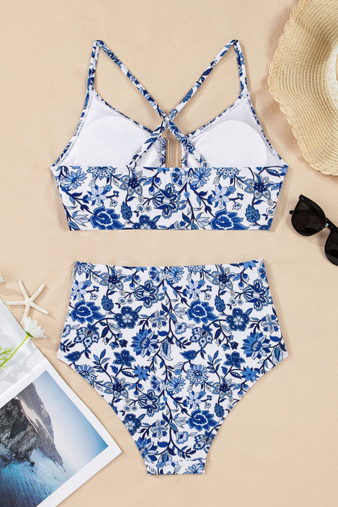 Floral Print Hardware Accent Notched Neck High Waist Bikini Set