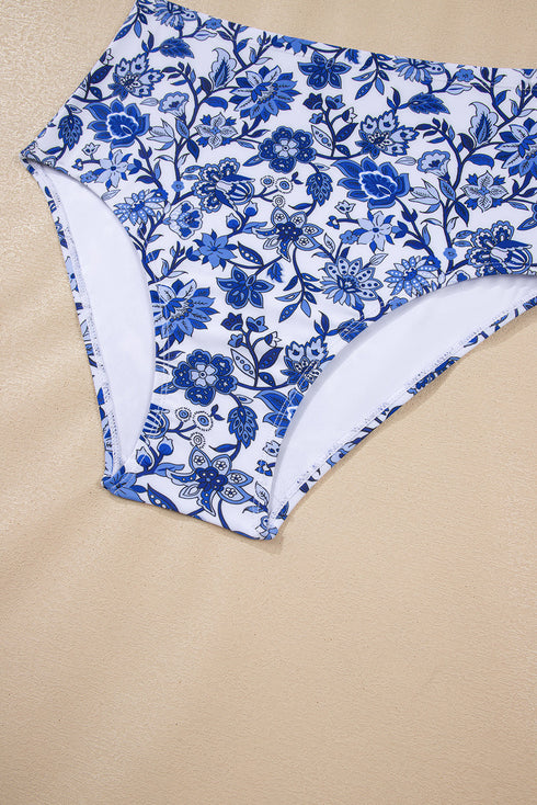 Floral Print Hardware Accent Notched Neck High Waist Bikini Set