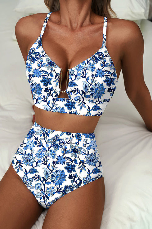Floral Print Hardware Accent Notched Neck High Waist Bikini Set