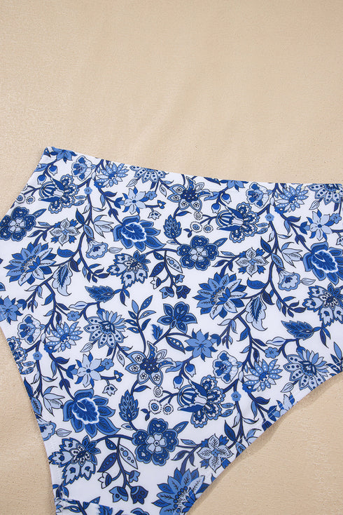 Floral Print Hardware Accent Notched Neck High Waist Bikini Set