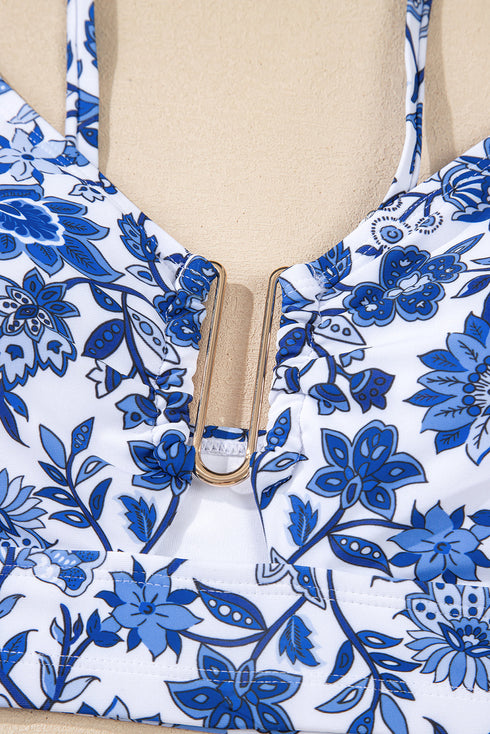Floral Print Hardware Accent Notched Neck High Waist Bikini Set