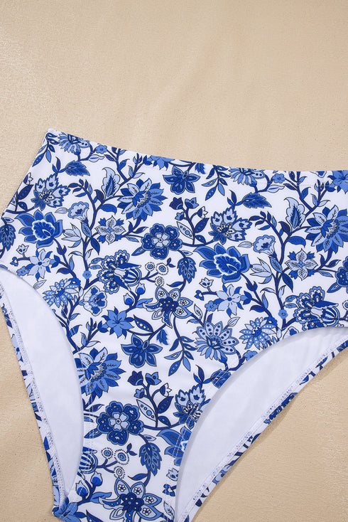 Floral Print Hardware Accent Notched Neck High Waist Bikini Set